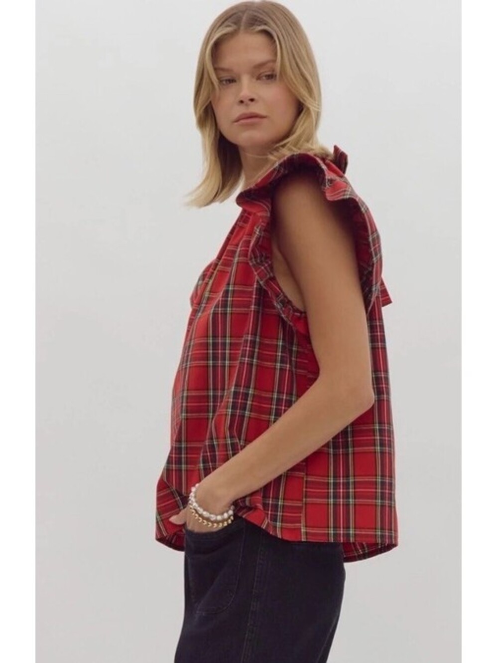 NWT Entro Red Plaid Flutter Sleeve Tie Neck Blouse. Size Large. Retail $48 - Picture 2 of 8